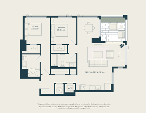 Floor plan for 2 beds, 2 baths, 1063 sqft
